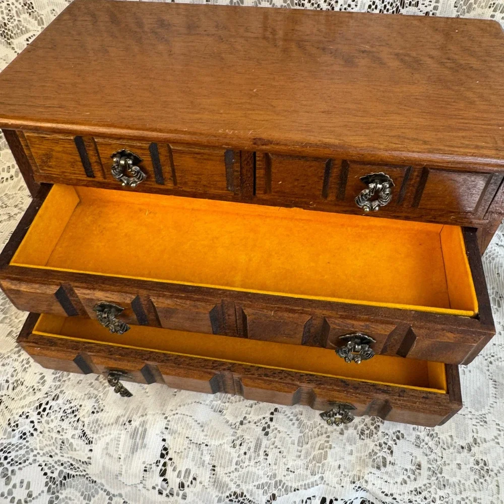 Vintage Wood Jewelry Music Box Miniature Dresser 4 Drawer Orange Lining Brown